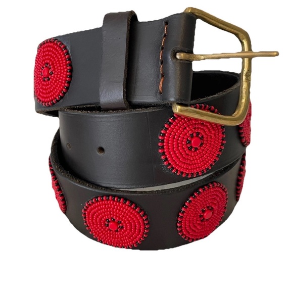 The Kenyan Collection Disk Beaded BELT Sz 32 Unisex Black Leather HANDMADE ART - Picture 4 of 12